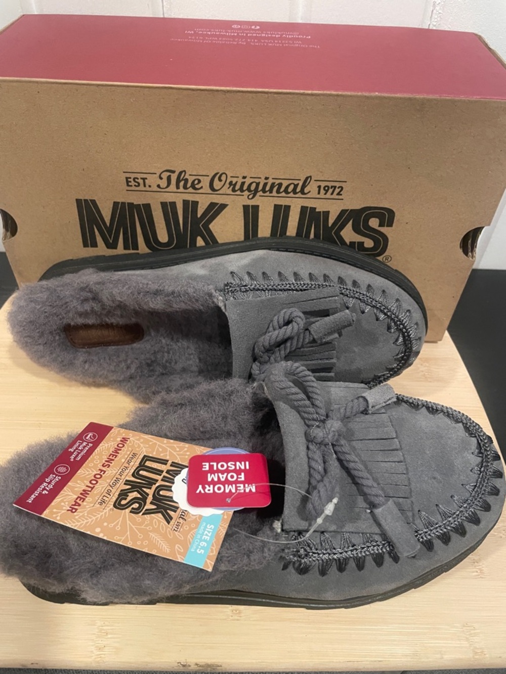 Muk Luks Gray Faux-Fur Memory Foam Moccasin Slippers with Rope Knot
